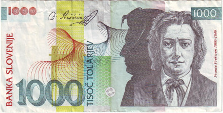 Банкнота 1000 толаров. 2000 год, Словения. Франце Прешерн.