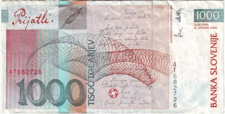 Банкнота 1000 толаров. 2000 год, Словения. Франце Прешерн.