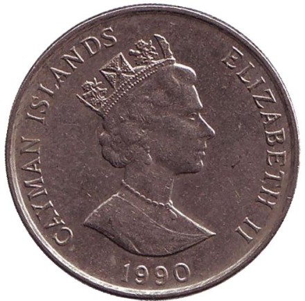 Монета 25 центов. 1990 год, Каймановы острова. Парусник.