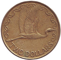 Белая цапля. Монета 2 доллара. 2001 год, Новая Зеландия.