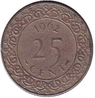 Монета 25 центов. 1962 год, Суринам.