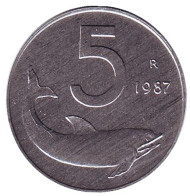 Монета 5 лир. 1987 год, Италия. Дельфин. Судовой руль. Монета 5 лир. 1987 год, Италия. Дельфин. Судовой руль.
