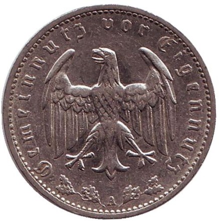 Монета 1 рейхсмарка. 1936 год, Германия (Третий Рейх). (A). Монета 1 рейхсмарка. 1936 год, Германия (Третий Рейх). (A).