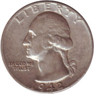 Монета 25 центов. 1942 год, США. (Без отметки монетного двора). Вашингтон. Монета 25 центов. 1942 год, США. (Без отметки монетного двора). Вашингтон.