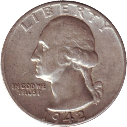 Монета 25 центов. 1942 год, США. (Без отметки монетного двора). Вашингтон.