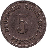 Монета 5 пфеннигов. 1894 год (A), Германская империя. Монета 5 пфеннигов. 1894 год (A), Германская империя.
