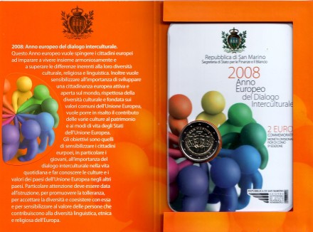 Монета 2 евро. 2008 год, Сан-Марино. (в буклете) Европейский год межкультурного диалога. Монета 2 евро. 2008 год, Сан-Марино. (в буклете) Европейский год межкультурного диалога.