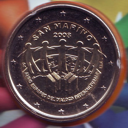 Монета 2 евро. 2008 год, Сан-Марино. (в буклете) Европейский год межкультурного диалога. Монета 2 евро. 2008 год, Сан-Марино. (в буклете) Европейский год межкультурного диалога.