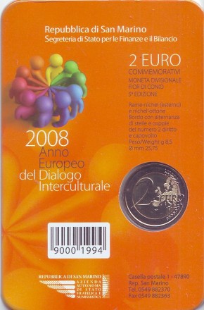 Монета 2 евро. 2008 год, Сан-Марино. (в буклете) Европейский год межкультурного диалога. Монета 2 евро. 2008 год, Сан-Марино. (в буклете) Европейский год межкультурного диалога.