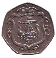 Монета 50 пенсов. 1985 год, Остров Мэн. Ладья викингов. Монета 50 пенсов. 1985 год, Остров Мэн. Ладья викингов.