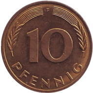 Монета 10 пфеннигов. 1982 год (F), ФРГ. Дубовые листья. Монета 10 пфеннигов. 1982 год (F), ФРГ. Дубовые листья.