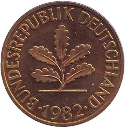Монета 10 пфеннигов. 1982 год (F), ФРГ. Дубовые листья. Монета 10 пфеннигов. 1982 год (F), ФРГ. Дубовые листья.