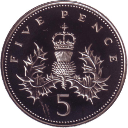 Монета 5 пенсов. 1987 год, Великобритания. Proof.
