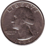 Монета 25 центов. 1989 (P) год, США. Вашингтон. Монета 25 центов. 1989 (P) год, США. Вашингтон.