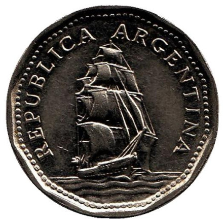 Монета 5 песо. 1968 год, Аргентина. Фрегат "Президент Сармьенто".