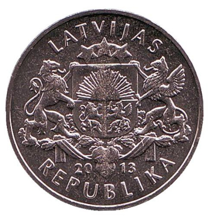 Монета 1 лат, 2013 год, Латвия. Паритет монет. (Равенство валют).