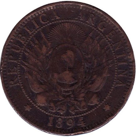 Монета 2 сентаво. 1894 год, Аргентина.