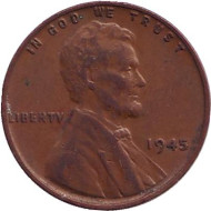 Монета 1 цент. 1945 год (P), США. Линкольн. Монета 1 цент. 1945 год (P), США. Линкольн.