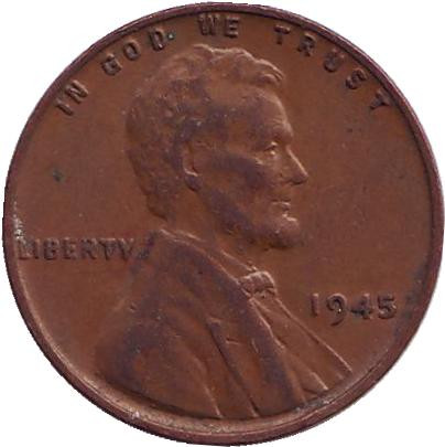 Монета 1 цент. 1945 год (P), США. Линкольн.