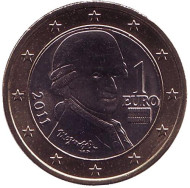 Монета 1 евро. 2011 год, Австрия. Моцарт. Монета 1 евро. 2011 год, Австрия. Моцарт.
