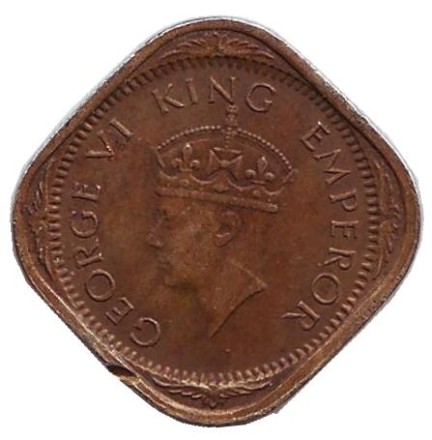 Монета 1/2 анны. 1944 год, Индия Британская.