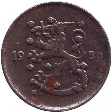 Монета 1 марка. 1950 год (железо), Финляндия.