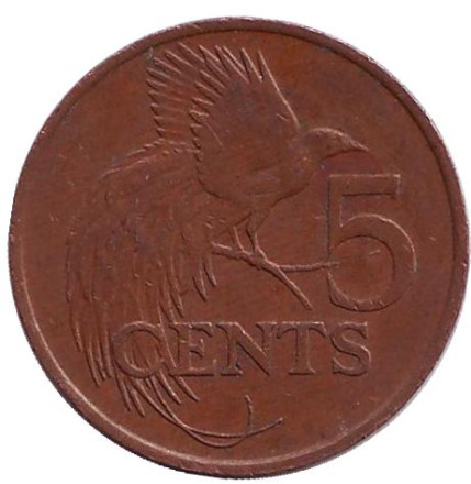 Монета 5 центов. 1992 год, Тринидад и Тобаго. Райская птица.