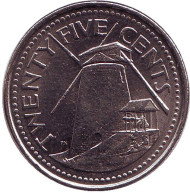 Монета 25 центов. 2008 год, Барбадос. Сахарная мельница Моргана Льюиса. Монета 25 центов. 2008 год, Барбадос. Сахарная мельница Моргана Льюиса.