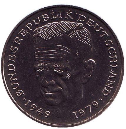 Монета 2 марки. 1982 год (D), ФРГ. UNC. Курт Шумахер.