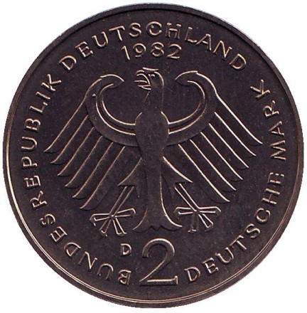 Монета 2 марки. 1982 год (D), ФРГ. Курт Шумахер. Монета 2 марки. 1982 год (D), ФРГ. Курт Шумахер.