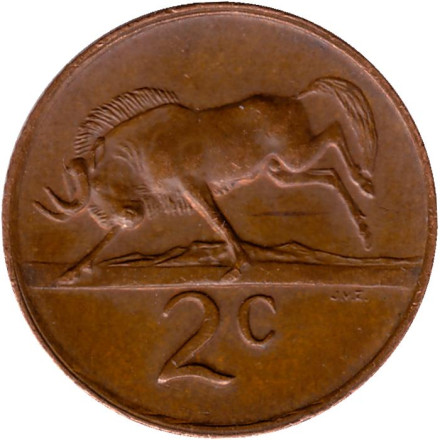 Монета 2 цента. 1972 год, Южная Африка. Белохвостый гну.