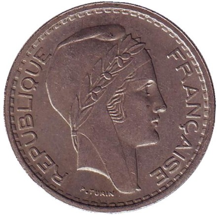 Монета 10 франков. 1947 год, Франция. (Новый тип - небольшая голова) Монета 10 франков. 1947 год, Франция. (Новый тип - небольшая голова)