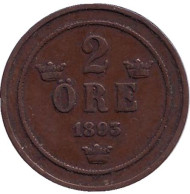 Монета 2 эре. 1893 год, Швеция. Монета 2 эре. 1893 год, Швеция.