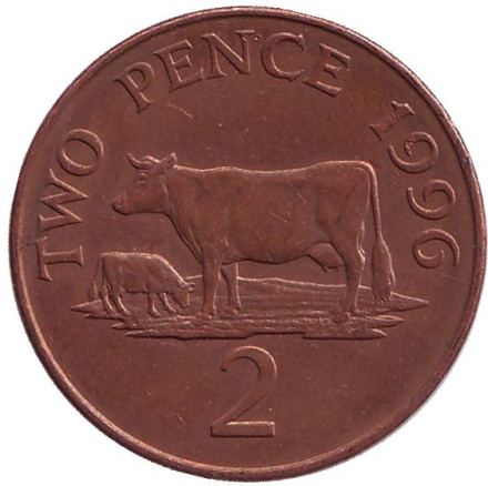 Монета 2 пенса. 1996 год, Гернси. Корова.