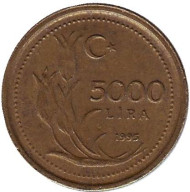 Монета 5000 лир. 1995 год, Турция. Мелкая дата. Монета 5000 лир. 1995 год, Турция. Мелкая дата.