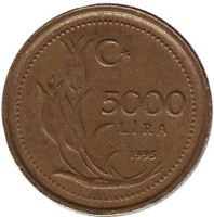 Монета 5000 лир. 1995 год, Турция.