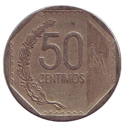 Монета 50 сентимов. 2015 год, Перу.
