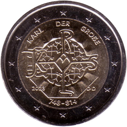 Монета 2 евро. 2023 год, Германия. 1275 лет со дня рождения Карла Великого.