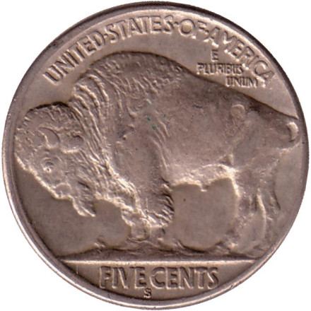 Монета 5 центов. 1925 год (S), США. Бизон. Индеец.