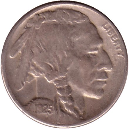 Монета 5 центов. 1925 год (S), США. Бизон. Индеец. Монета 5 центов. 1925 год (S), США. Бизон. Индеец.