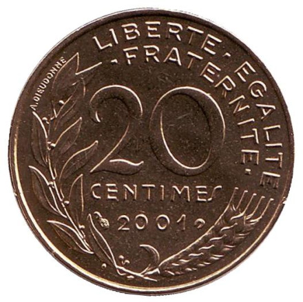 Монета 20 сантимов. 2001 год, Франция. BU.