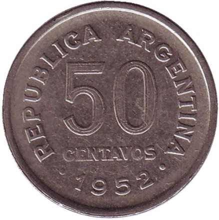 Монета 50 сентаво. 1952 год, Аргентина. Генерал Хосе де Сан-Мартин. Монета 50 сентаво. 1952 год, Аргентина. Генерал Хосе де Сан-Мартин.