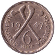 Монета 6 пенсов. 1947 год, Южная Родезия. Скрещенные топоры. Монета 6 пенсов. 1947 год, Южная Родезия. Скрещенные топоры.