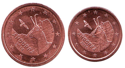 Серна. Монеты номиналом 1 и 2 цента. 2018 год, Андорра.
