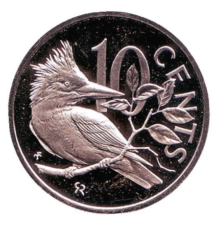 Монета 10 центов. 1973 год, Британские Виргинские острова. Красногрудый зимородок.