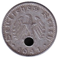 Монета 50 рейхспфеннигов. 1941 год, Германия (Третий Рейх). (B) Монета 50 рейхспфеннигов. 1941 год, Германия (Третий Рейх). (B)