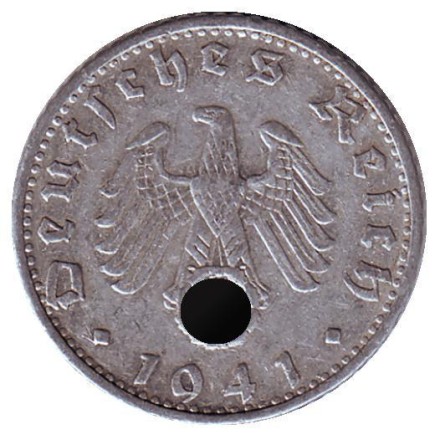 Монета 50 рейхспфеннигов. 1941 год, Германия (Третий Рейх). (B) Монета 50 рейхспфеннигов. 1941 год, Германия (Третий Рейх). (B)