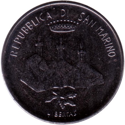 Монета 50 лир. 1986 год, Сан-Марино. Расщепление атома.