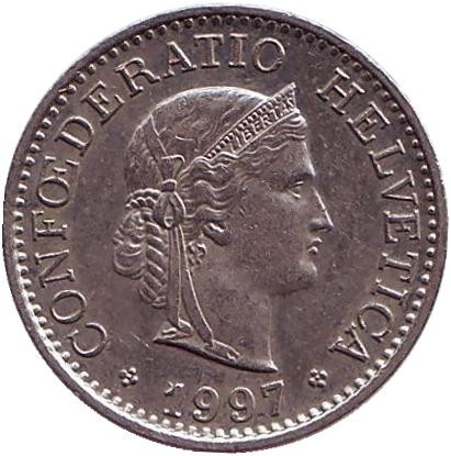 Монета 10 раппенов. 1997 год, Швейцария. Монета 10 раппенов. 1997 год, Швейцария.