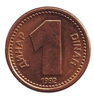 Монета 1 динар. 1992 год, Югославия. XF-aUNC. Монета 1 динар. 1992 год, Югославия. XF-aUNC.